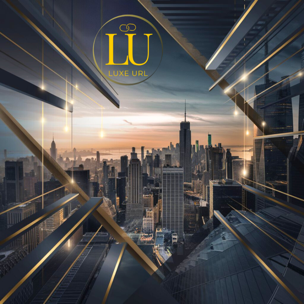 Luxurious cityscape at sunrise featuring modern architecture and the LuxeURL branding, representing premium domain names for luxury real estate and exclusive markets.